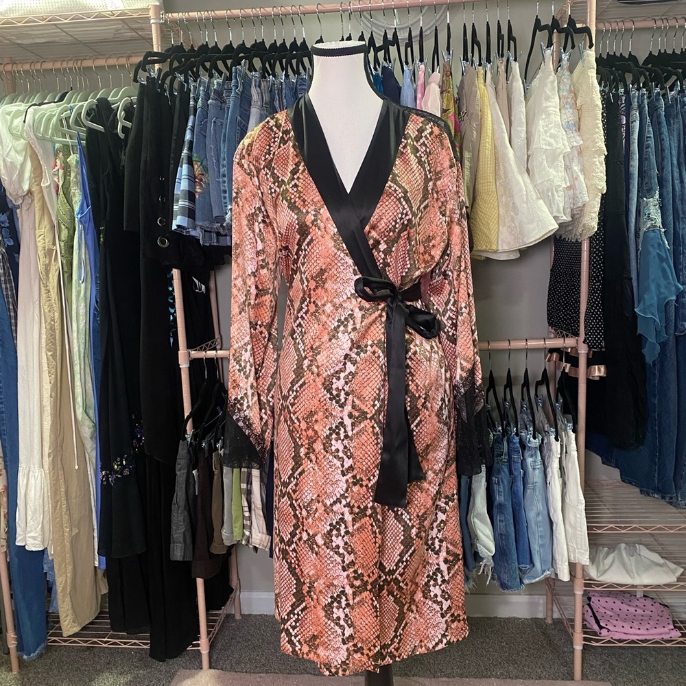 Victoria's Secret Black Lace-Trim Satin Wrap Dress with Snake Print